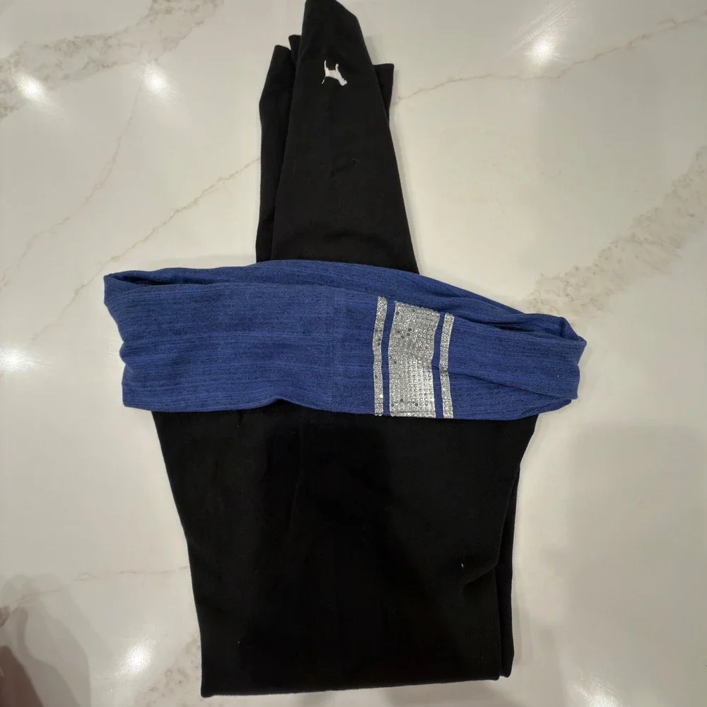 Pink Victoria's Secret Yoga Leggings Black Blue Foldover Rhinestone Logo Medium